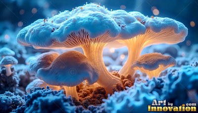 Pale blue mushrooms with warm light under their caps