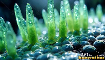 Tall green alien sprouts covered in water drops rise from a bed of round dark pods