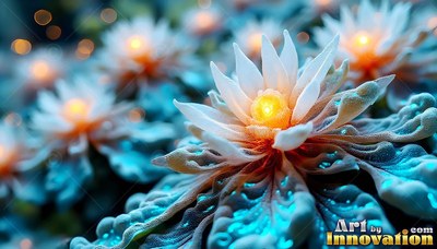 White flowers open across blue velvet leaves, shining with warm yellow light inside