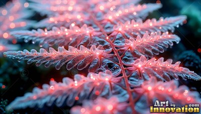 Tilted close-up of a frosted fern with bright pink lights along its fronds