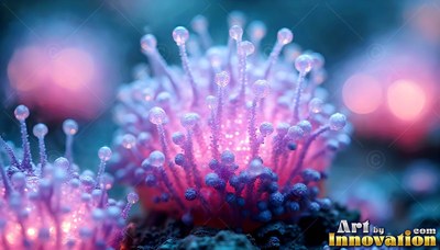 Close view of tiny pink sea anemone shapes with round blue tips in soft light