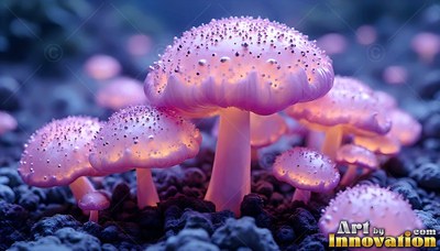 On dark soil, pale pink mushrooms shine with warm light from under their caps