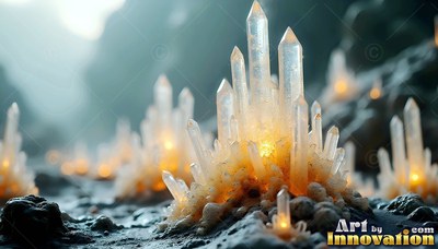 Sprouting from dark wet stone, clear crystal spires shine with warm yellow light