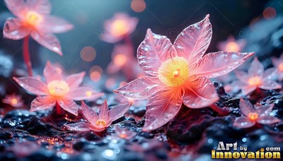 Translucent pink flowers with yellow centers on wet dark ground