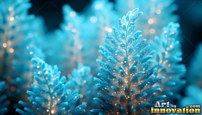 Frosty blue fern fronds covered in tiny bright dots stand in a dark, soft forest