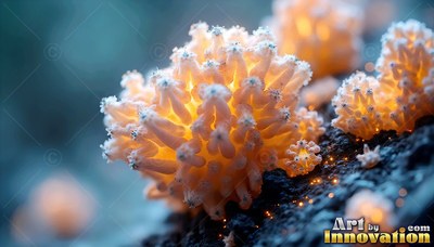 Fleshy coral clusters sit on dark ground, shining with warm yellow light inside