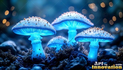Standing upright on rocky ground, blue mushrooms shine under their caps