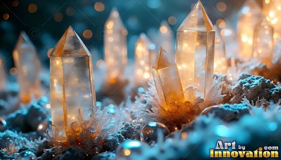 Lit amber crystals sprout like flowers across frosty blue ground