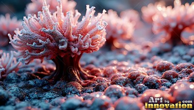 On a rocky ground, frosted pink coral plants grow under soft light