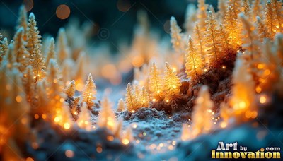 Shining with warm yellow lights, miniature frosty pine trees cover snowy hills