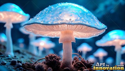 A frosted blue cap covers a pale mushroom growing on dark soil at night