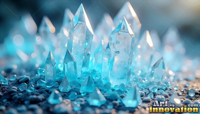 Clear crystal spires rise from small round pebbles in soft turquoise light