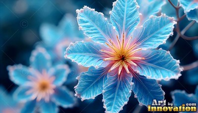Tilted toward the front in soft light, a frosty blue flower has a yellow center