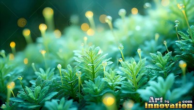 Tiny green moss plants reach up with little yellow stalks under soft light