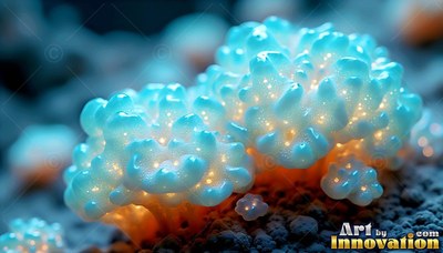 On dark gravel, round blue fungi shine with small yellow lights