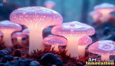 Sprouting from dark moss, pink jelly mushrooms shine with warm light from within