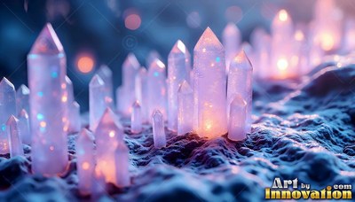 Pink crystals standing on dark rough ground with warm light inside