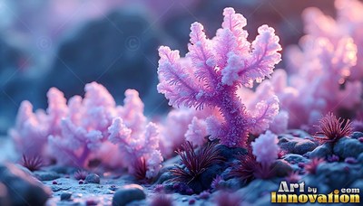 Pink coral-like plants with frosty branches sprout across a rocky blue landscape
