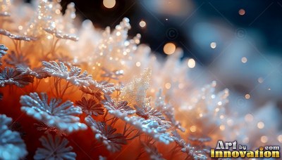 Frosted crystal flowers sprout from an orange surface under soft golden light