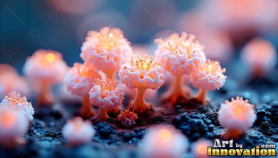 Clustered upright on dark soil, small pink mushrooms shine with warm light