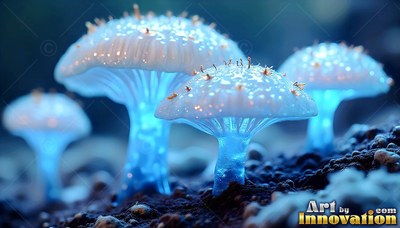 Bright blue mushrooms with frosted white caps sprout from dark soil
