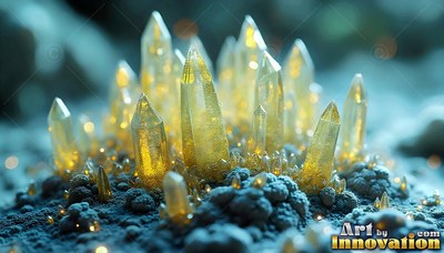 On rough blue ground, pointed yellow crystals sprout in a tight cluster