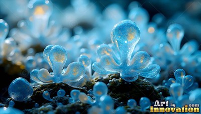 Sprouting from dark soil, translucent blue bulb plants shine with warm centers