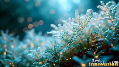 Frosted blue ferns covered in tiny warm lights