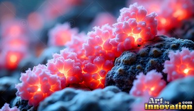 Bright orange centers shine inside small pink blossoms resting on dark coral rock