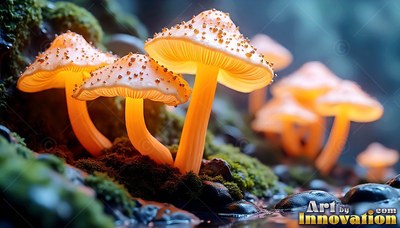 Spotted mushrooms rise from mossy stones, lit from beneath by warm orange light