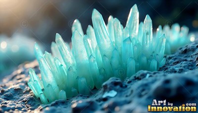 Rising upright from rocky ground, pale blue crystal spires stand close together
