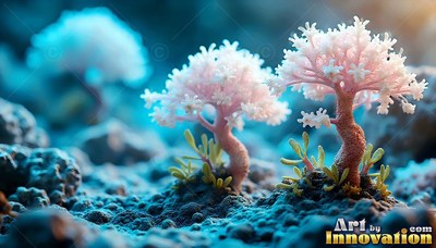Tiny pink coral trees grow out of blue sandy soil on a strange planet
