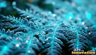 In soft blue light, a frosted fern leaf sparkles with small water drops