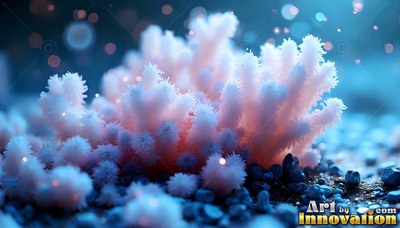 Sprouting from dark pebbles, a pale pink coral cluster sits under soft blue light