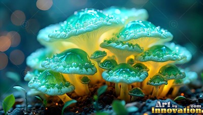 Cluster of small green and yellow mushrooms with wet caps