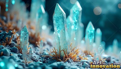 Sharp blue crystal spires grow from dry orange roots on a field of gray dust