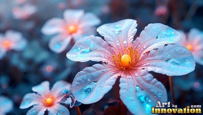 Pale blue flowers bloom closely with shining spots on their soft petals