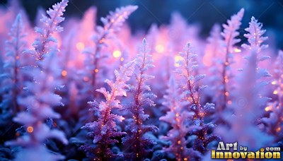Standing upright in a field, frosty pink plant stalks catch soft light