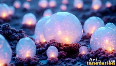 Translucent blue bubbles with warm lights inside rest on purple moss
