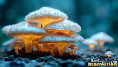 In a dark blue forest, pale mushrooms shine with warm yellow light under their caps