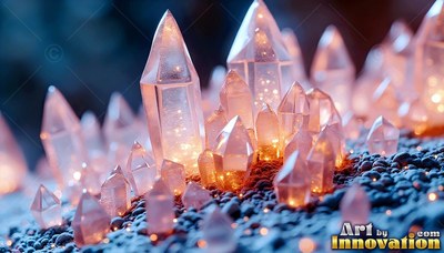 Shining from within, pink crystal points sprout out of a dark gravel ground