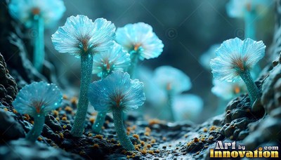 Blue flower-like mushrooms growing on rocky ground