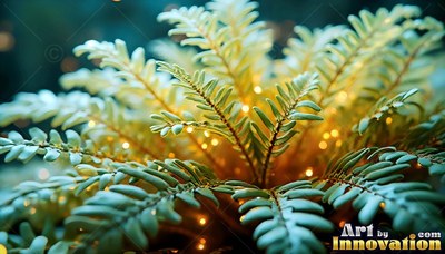 Pale green fern fronds spread open over tiny points of yellow light in a dark space