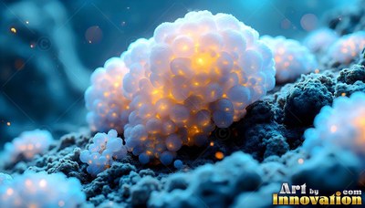 A cluster of puffy white fungi grows on rough ground, lit from inside by warm yellow light