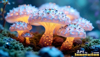 Clustered upright on mossy soil, white mushrooms lit with warm orange