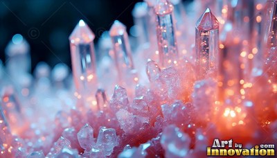 Clear quartz crystals grow out of a rough pink mineral base with soft orange light