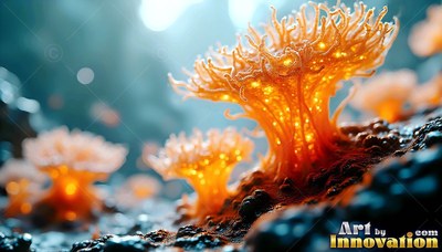 On dark wet ground, an orange sea anemone plant shines with small lights