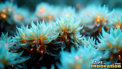Opening like starry succulents, pale blue flowers sparkle with warm dots of light