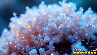 Frosted white fungi dotted with tiny yellow lights