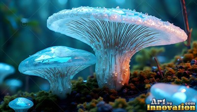 Tiny water drops rim the glassy blue caps of wild mushrooms on a dark mossy forest floor
